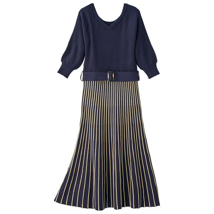 ジーラ GeeRA 前後2WAYプリーツニットワンピース (ネイビー) ネイビー