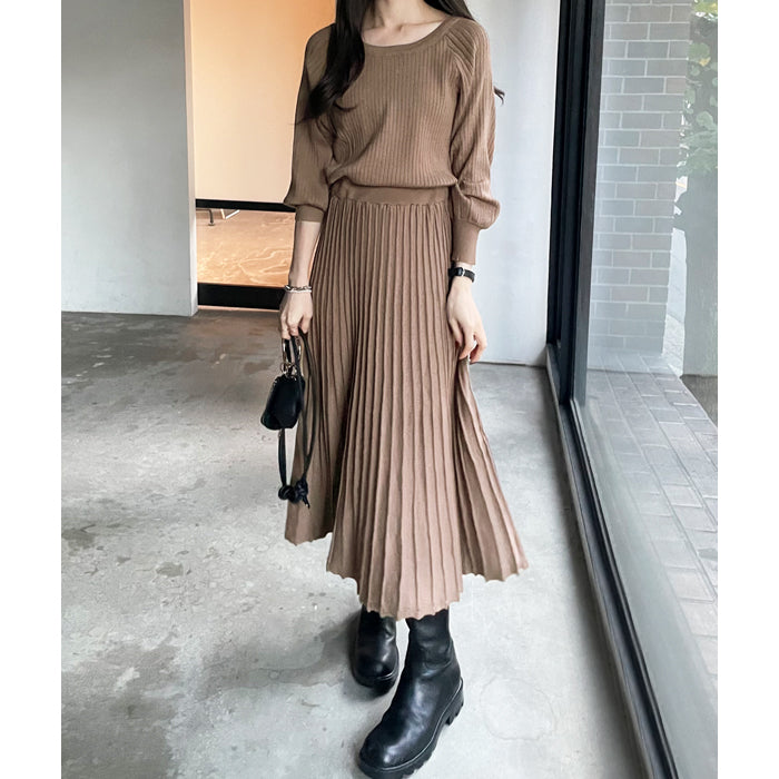 ジーラ GeeRA 前後2WAYプリーツニットワンピース (ブラウン) ブラウン