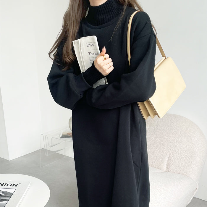 ジーラ GeeRA 裏起毛重ね着風デザインワンピース,ブラック