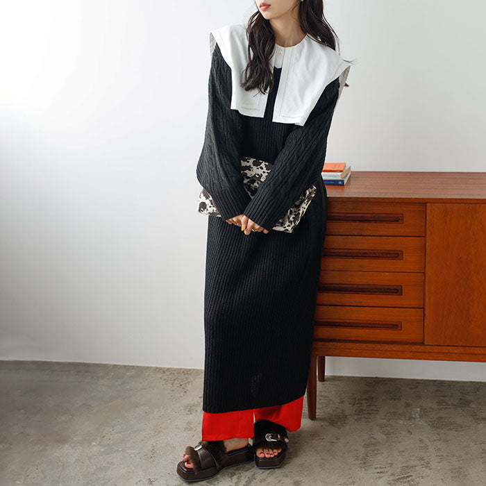 ジーラ GeeRA 袖ケーブルニットワンピース,ブラック