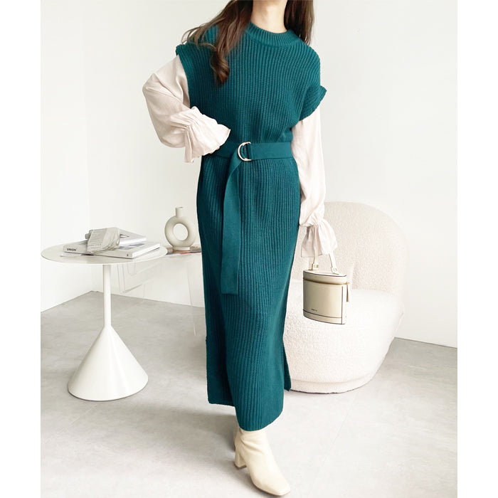 ジーラ GeeRA 袖ブラウスドッキングニットワンピース (グリーン) グリーン