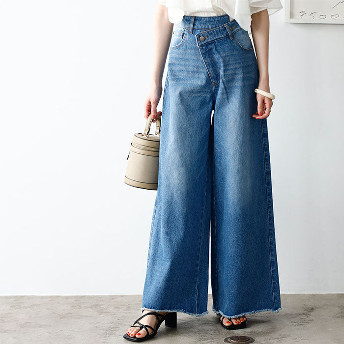 ジーラ GeeRA ウエストデザインデニムバギーパンツ (ブルー) ブルー