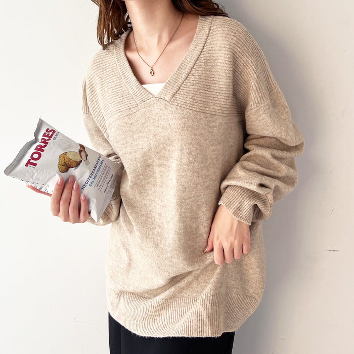 ジーラ GeeRA モチモチ素材編地切替Vネックニット