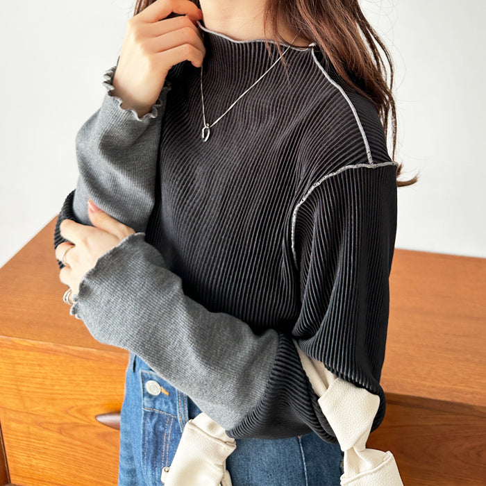 ジーラ GeeRA 異素材ドッキング配色メロープルオーバー,ブラック