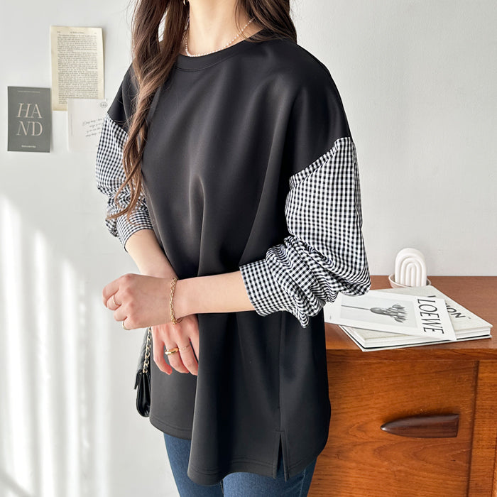 ジーラ GeeRA 異素材ドッキングプルオーバー,ブラック×ギンガム