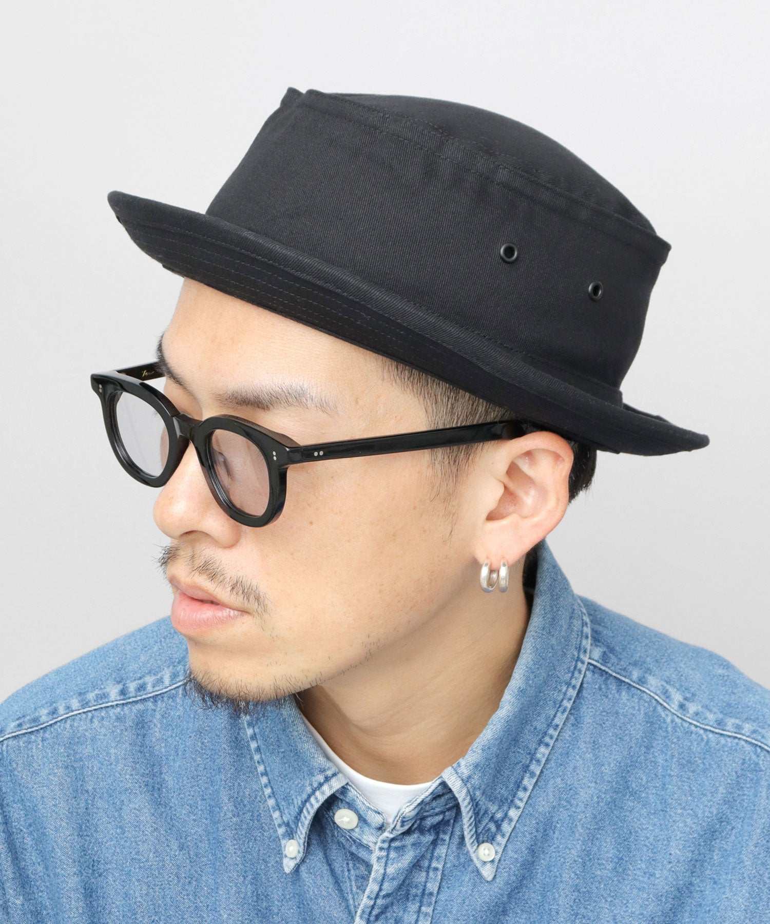 レックハッター Req Hatter ハット ポークパイハット メンズ 帽子 デニム コットン スウェット 3素材 つば短め つば 短い (ブラック-B(スウェット)) ブラック-B(スウェット)