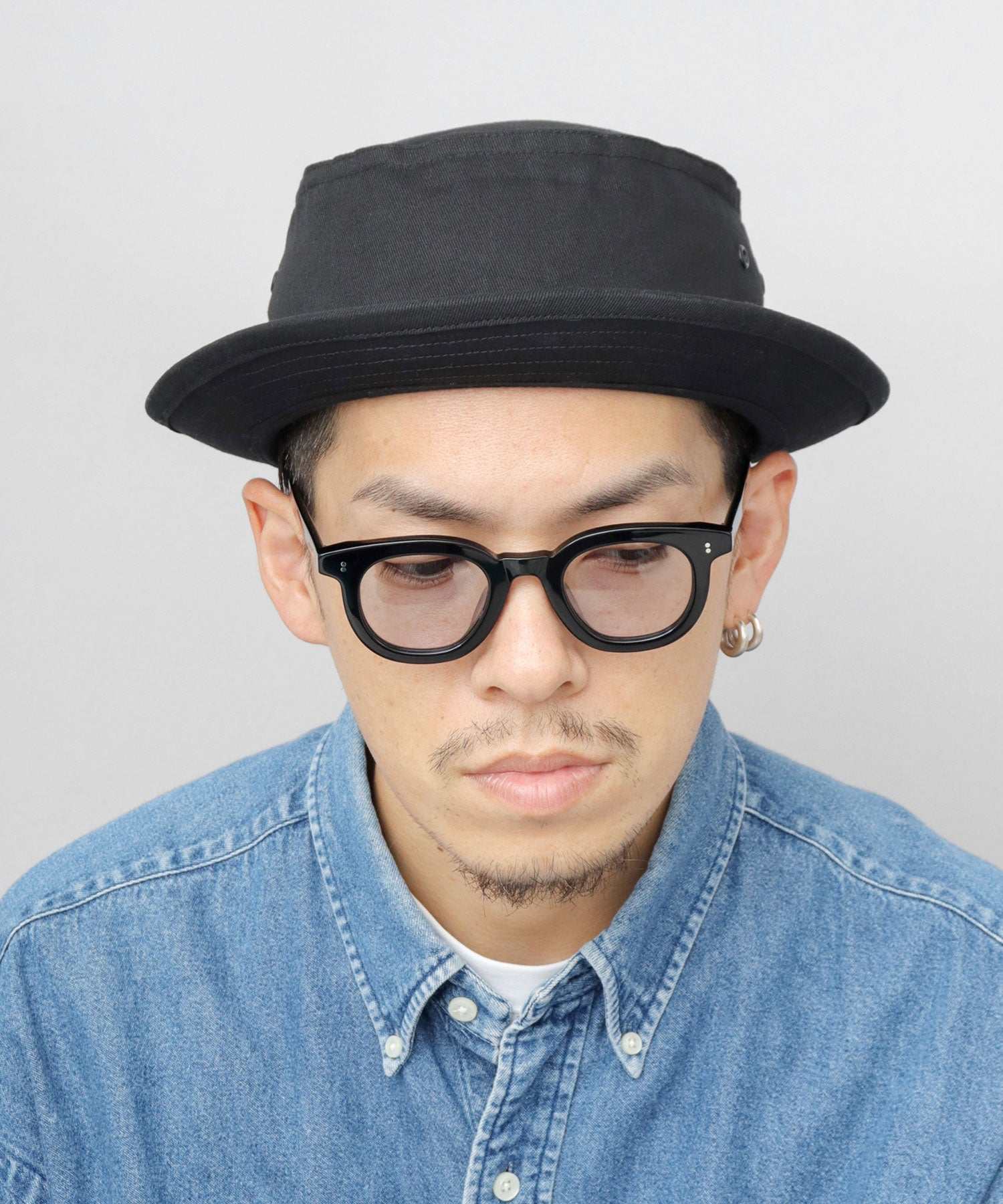 レックハッター Req Hatter ハット ポークパイハット メンズ 帽子 デニム コットン スウェット 3素材 つば短め つば 短い (ブラック-B(スウェット)) ブラック-B(スウェット)