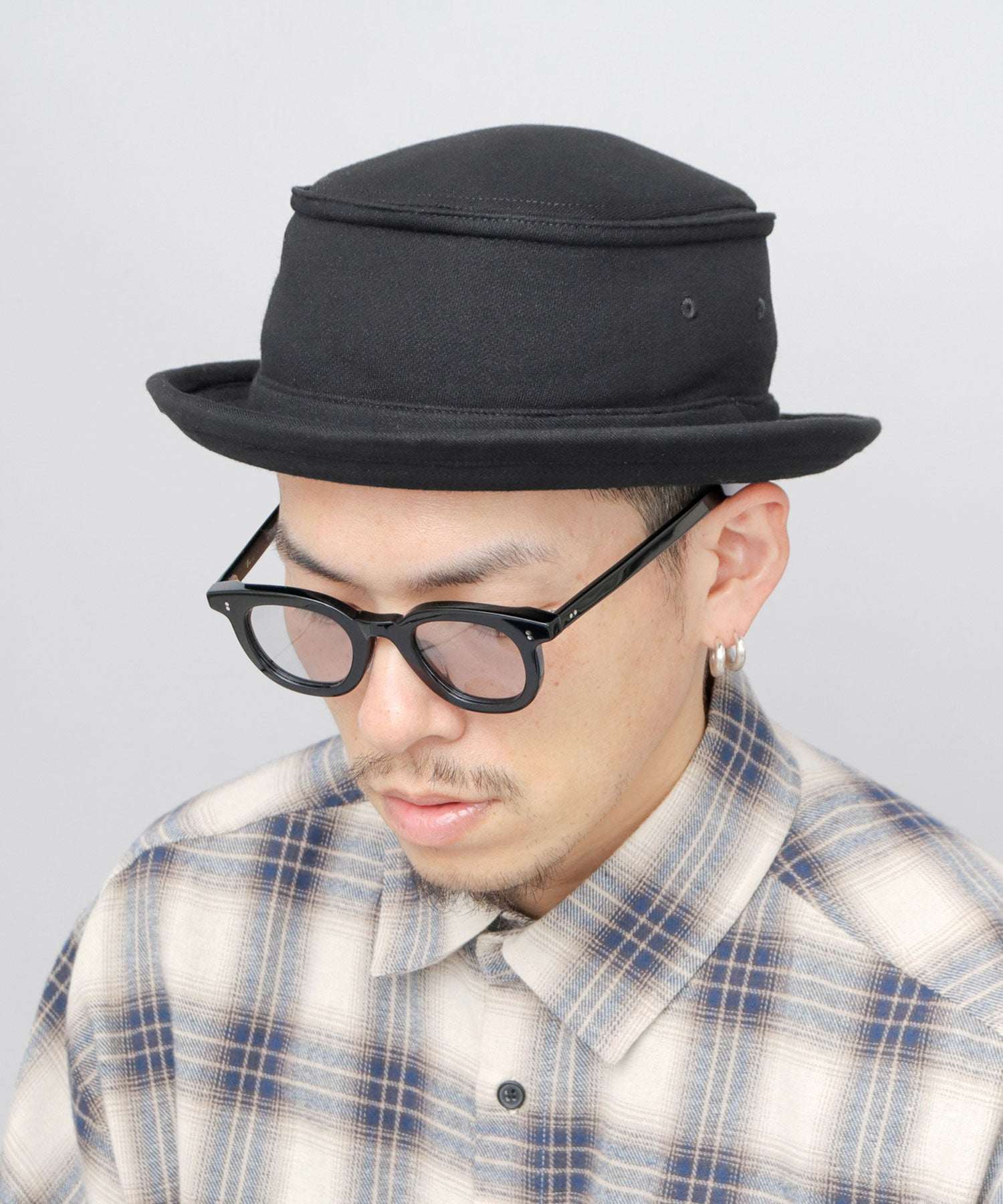 レックハッター Req Hatter ハット ポークパイハット メンズ 帽子 デニム コットン スウェット 3素材 つば短め つば 短い (ブラック-B(スウェット)) ブラック-B(スウェット)