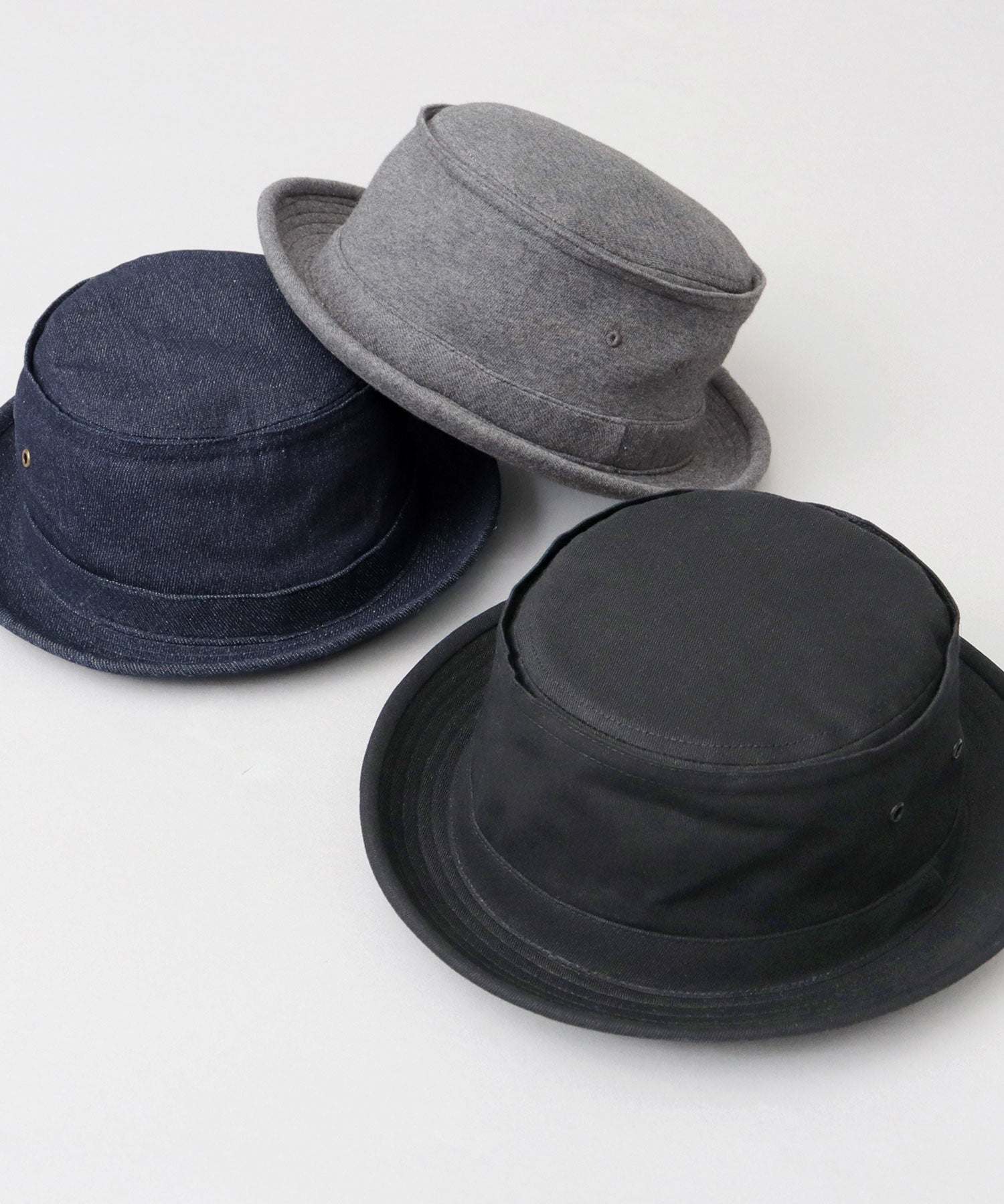 レックハッター Req Hatter ハット ポークパイハット メンズ 帽子 デニム コットン スウェット 3素材 つば短め つば 短い (ブラック-B(スウェット)) ブラック-B(スウェット)