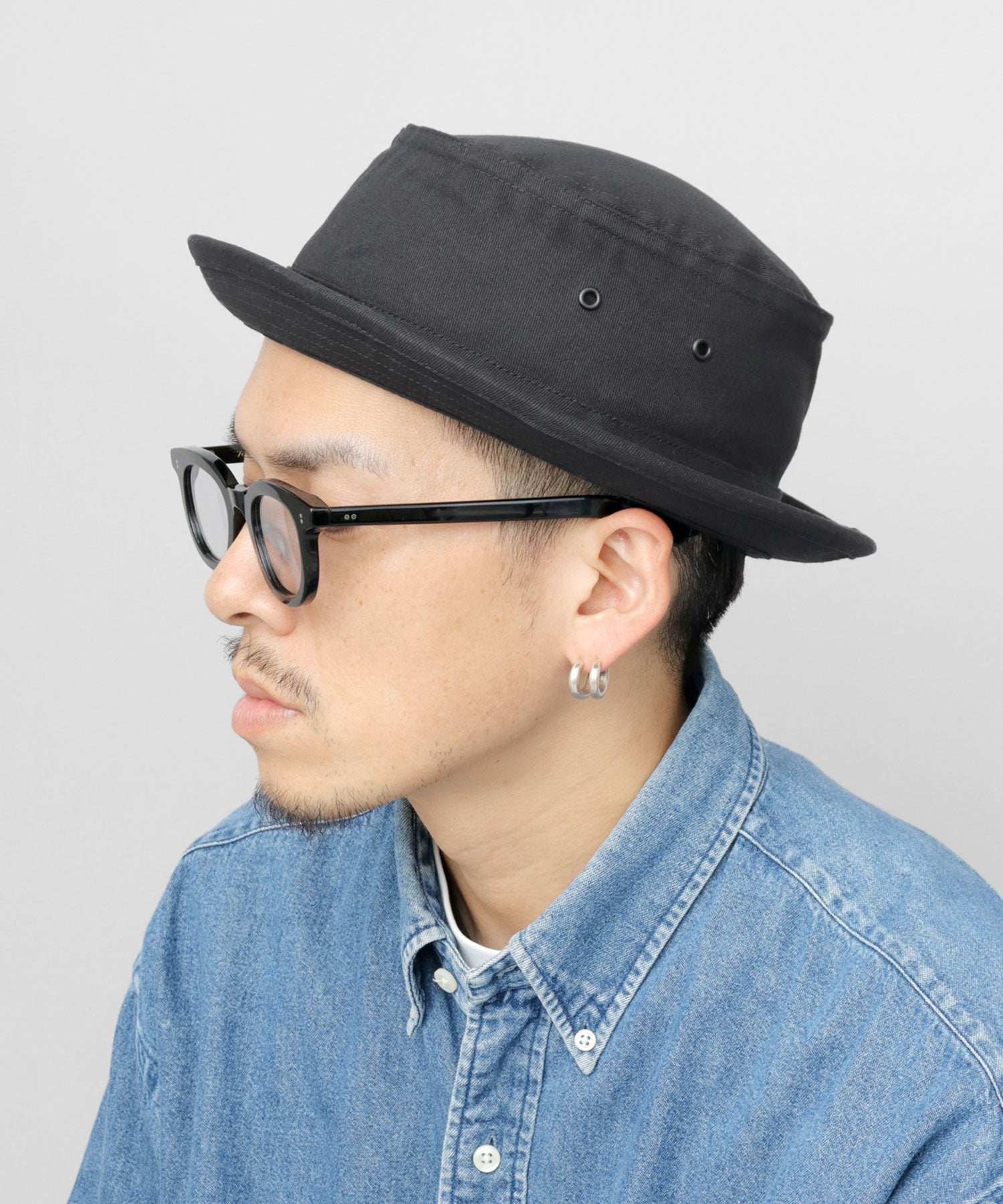 レックハッター Req Hatter ハット ポークパイハット メンズ 帽子 デニム コットン スウェット 3素材 つば短め つば 短い (ブラック-B(スウェット)) ブラック-B(スウェット)