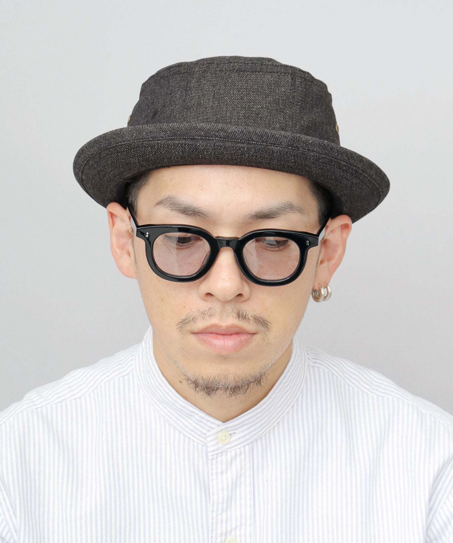 レックハッター Req Hatter ハット ポークパイハット メンズ 帽子 デニム コットン スウェット 3素材 つば短め つば 短い (ブラック-B(スウェット)) ブラック-B(スウェット)