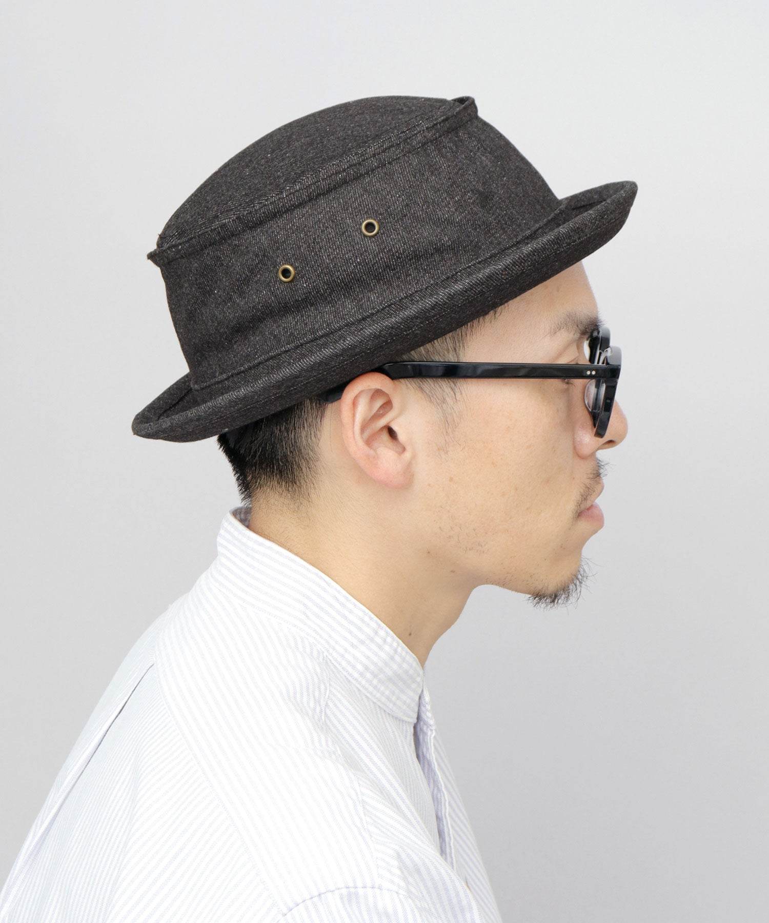 レックハッター Req Hatter ハット ポークパイハット メンズ 帽子 デニム コットン スウェット 3素材 つば短め つば 短い (ブラック-B(スウェット)) ブラック-B(スウェット)