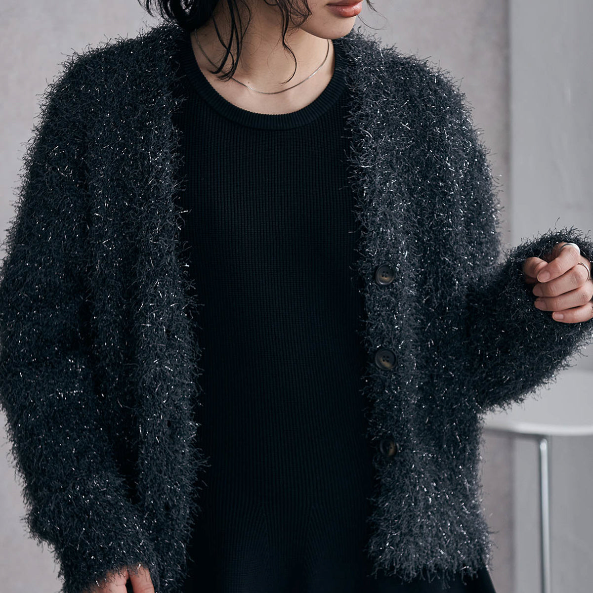 RANAN Lame Shaggy Short Cardigan