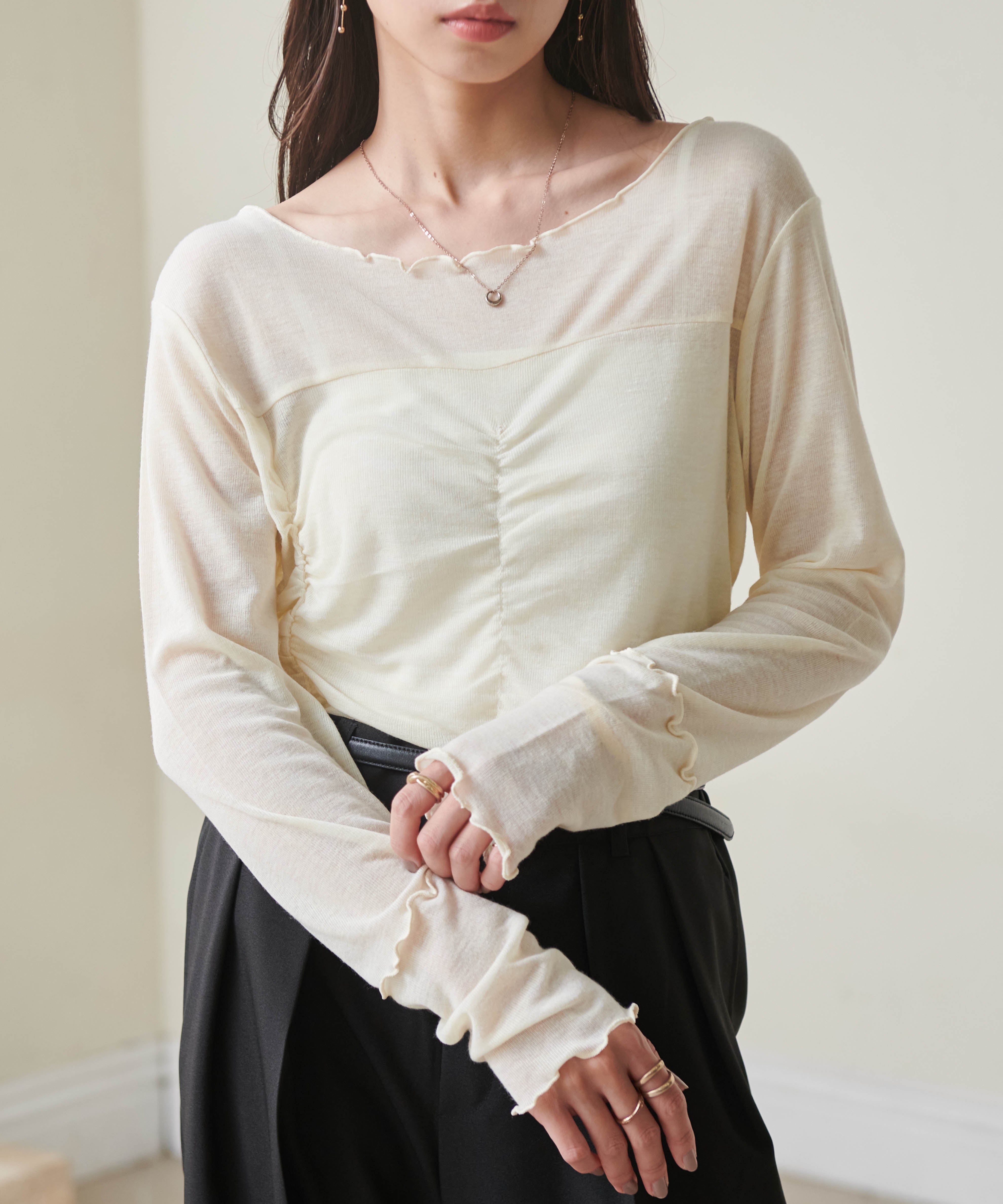 ラナン RANAN ギャザーデザインシアーTシャツ (イエロー) イエロー