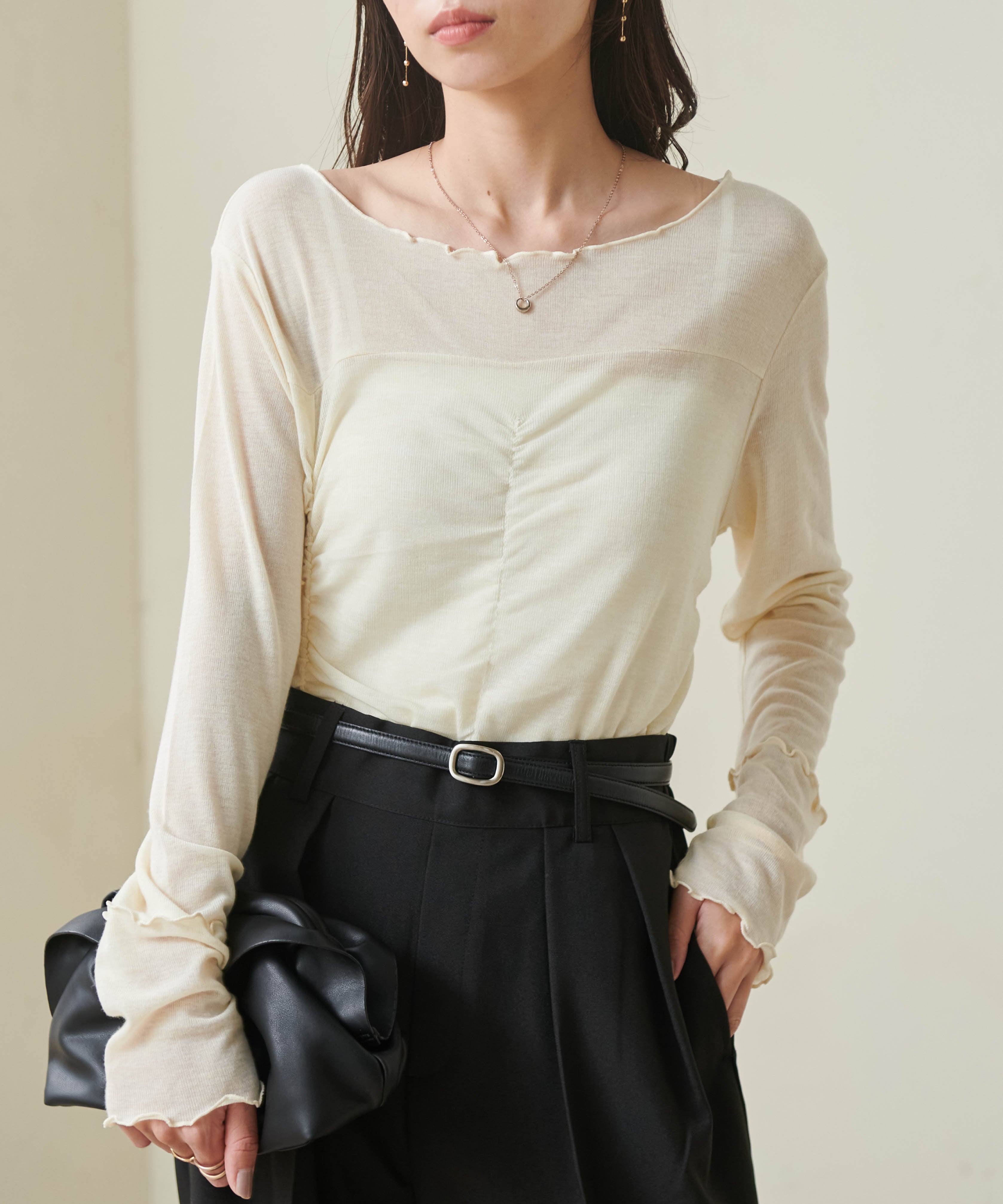 ラナン RANAN ギャザーデザインシアーTシャツ (イエロー) イエロー