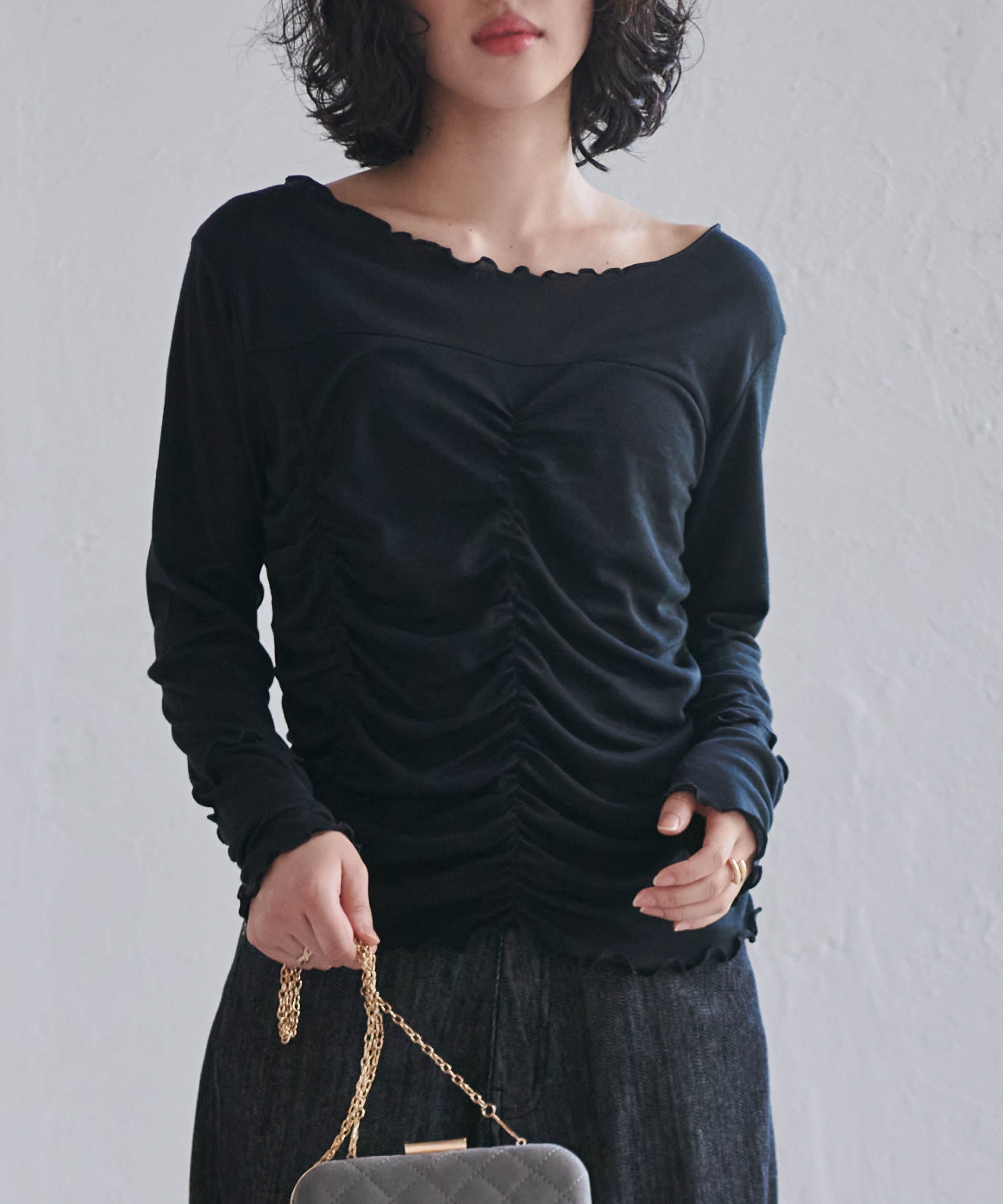 ラナン RANAN ギャザーデザインシアーTシャツ (ブラック) ブラック