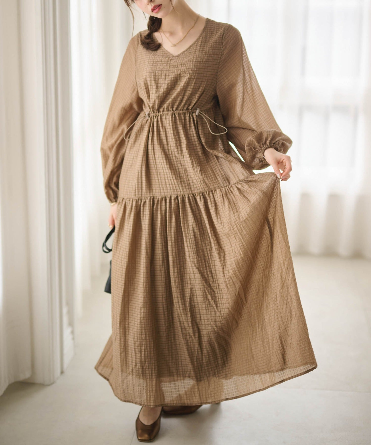 ラナン RANAN シアーチェックドロストギャザーティアード (モカ) モカ