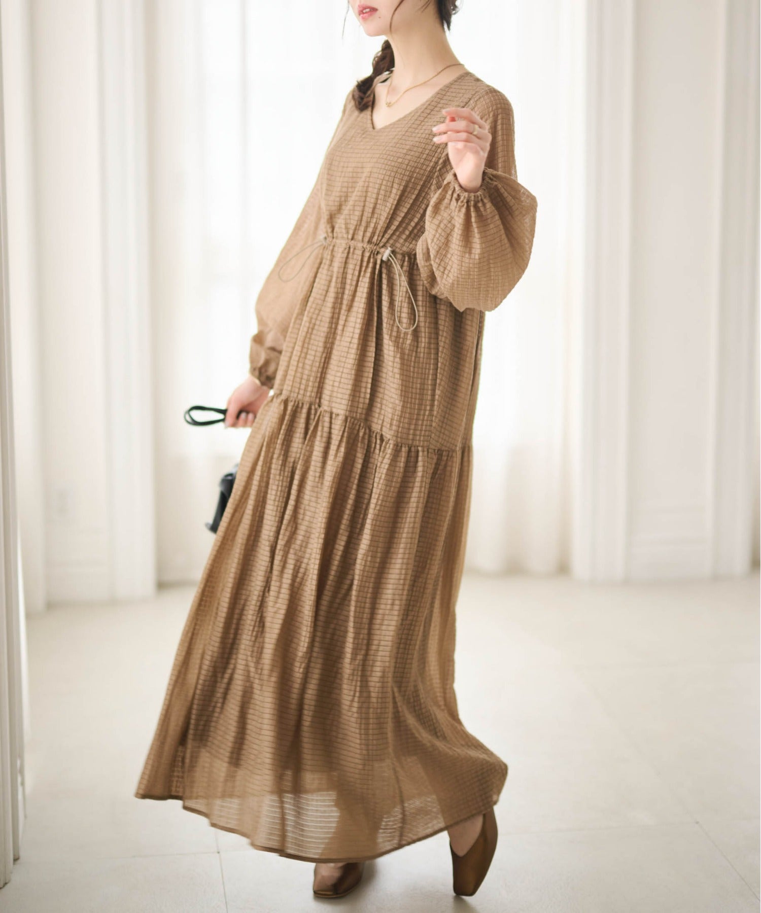 ラナン RANAN シアーチェックドロストギャザーティアード (モカ) モカ