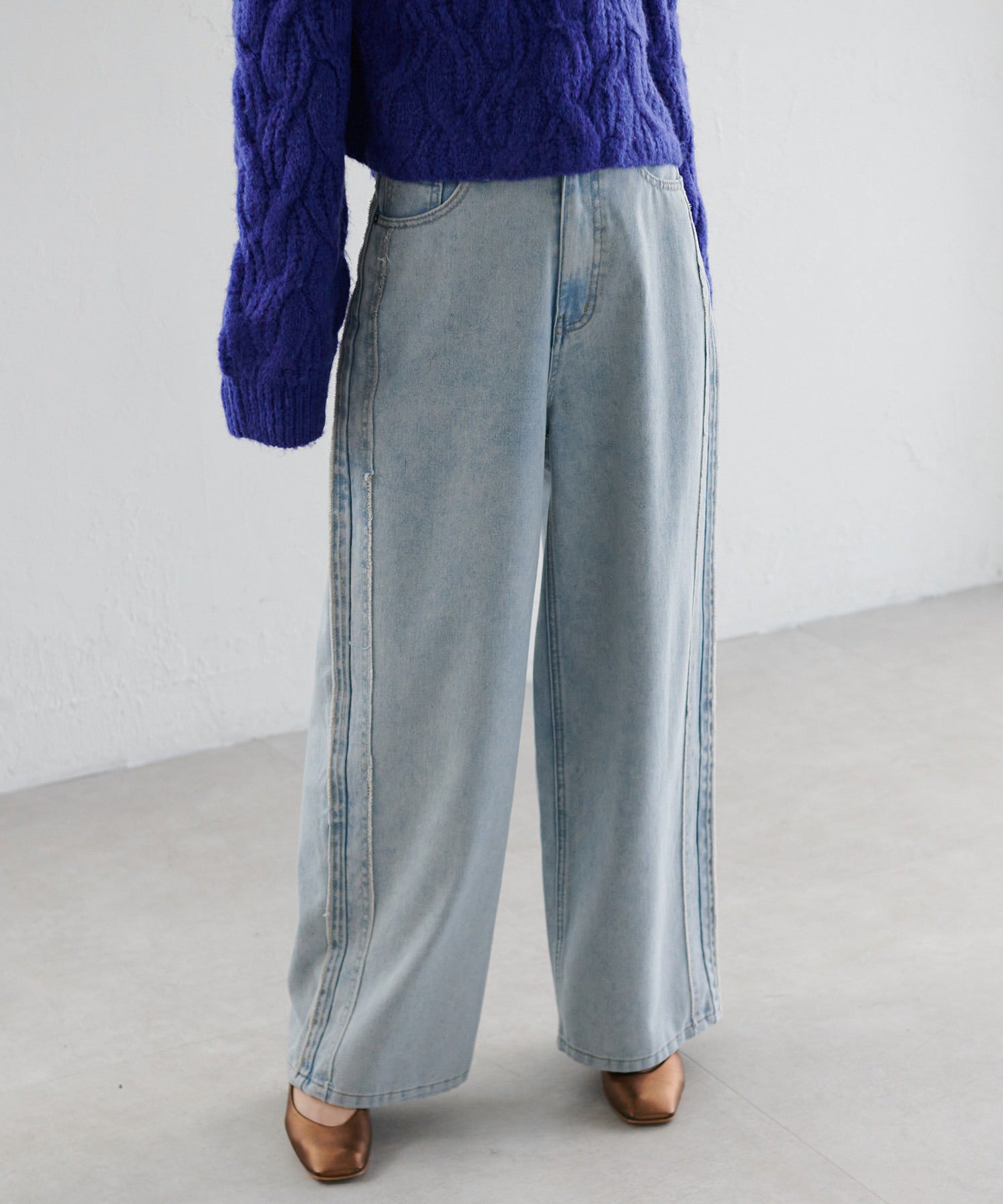 ラナン RANAN 配色サイドフリンジワイドデニム (ライトブルー) ライトブルー