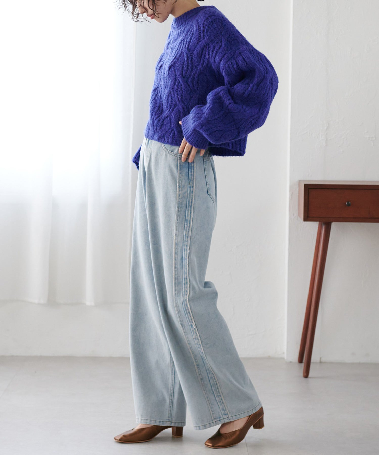 ラナン RANAN 配色サイドフリンジワイドデニム (ライトブルー) ライトブルー