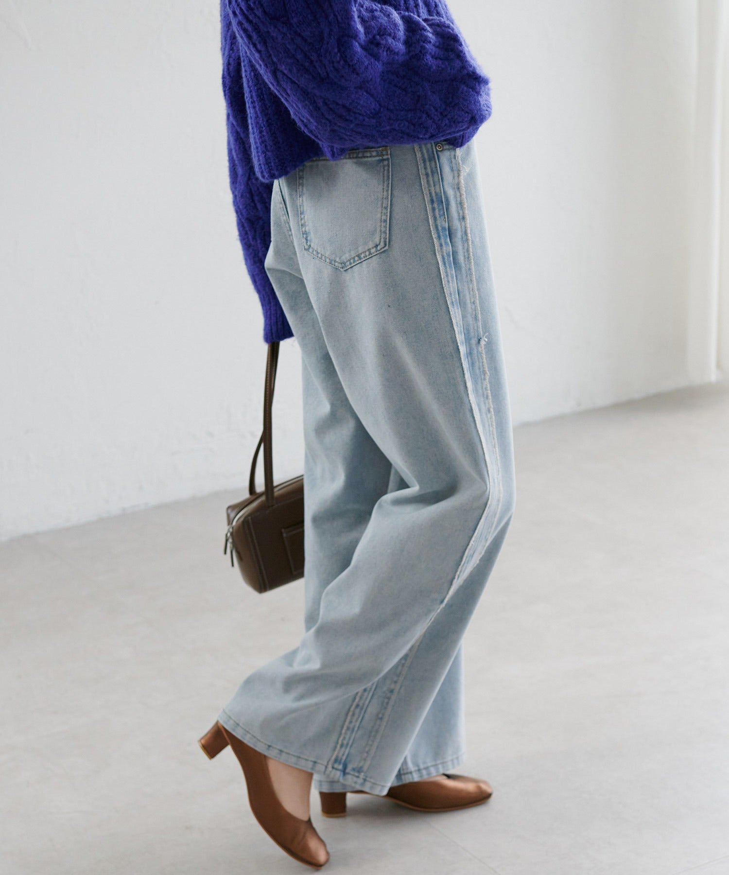 ラナン RANAN 配色サイドフリンジワイドデニム (ライトブルー) ライトブルー