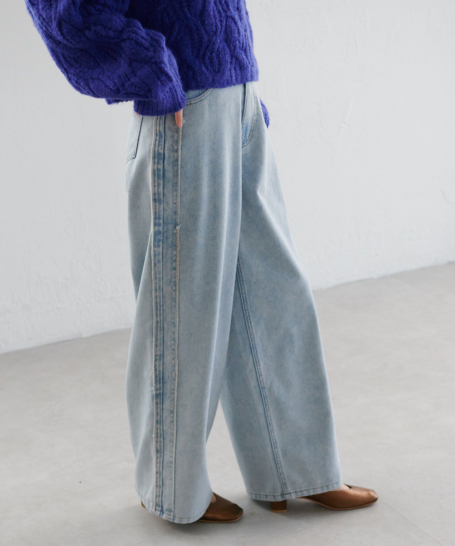 ラナン RANAN 配色サイドフリンジワイドデニム (ライトブルー) ライトブルー