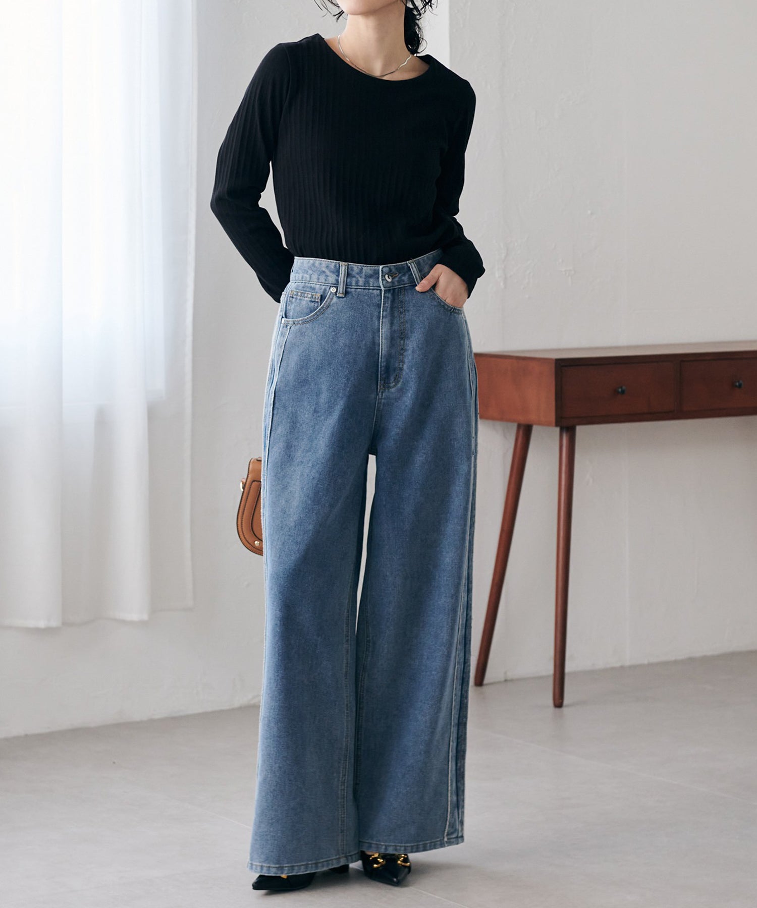 ラナン RANAN 配色サイドフリンジワイドデニム (ブルー) ブルー