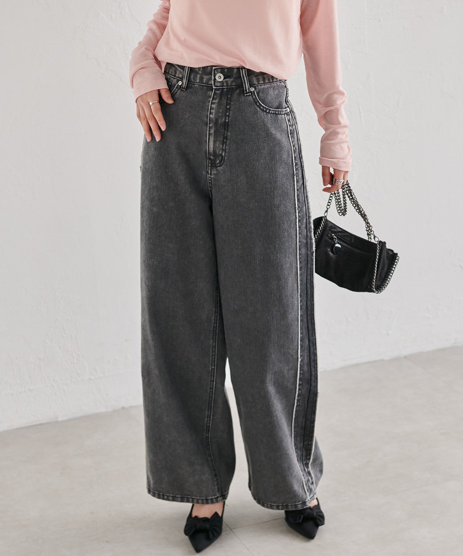 ラナン RANAN 配色サイドフリンジワイドデニム (グレー) グレー