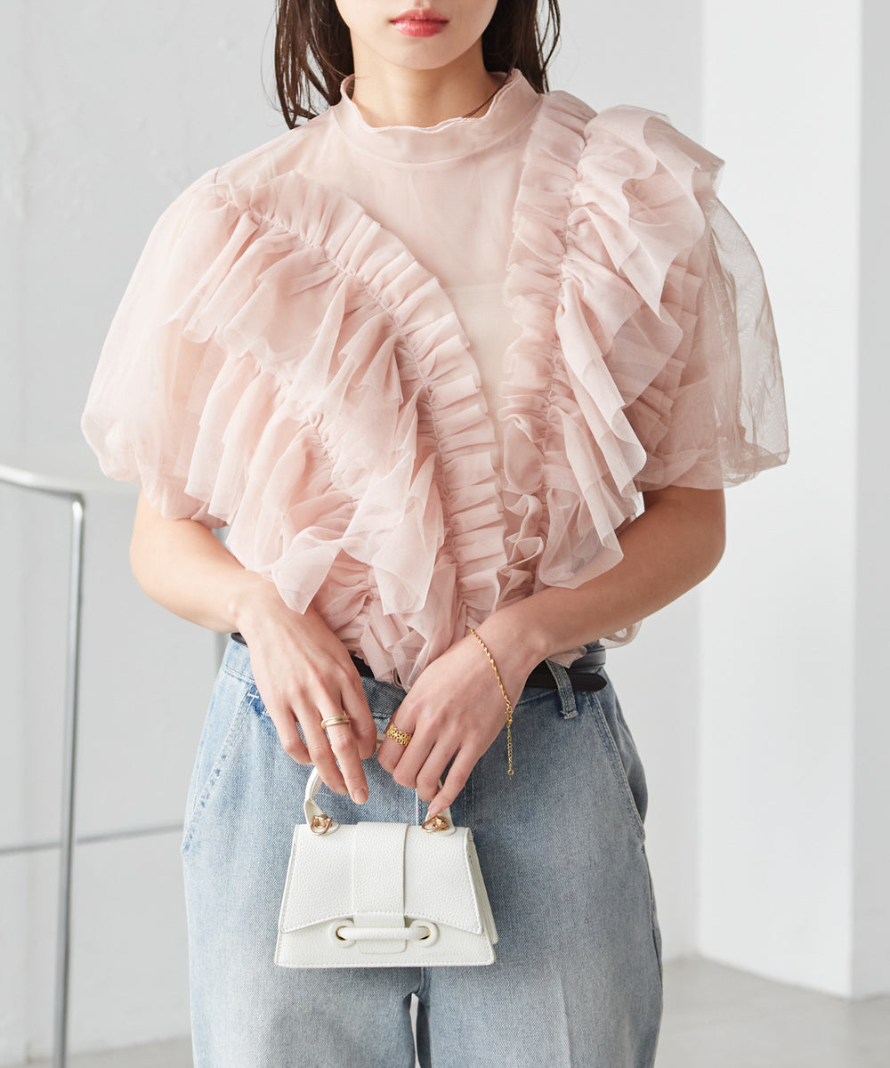 ラナン RANAN アシメフリルチュールブラウス (ピンクベージュ) ピンクベージュ