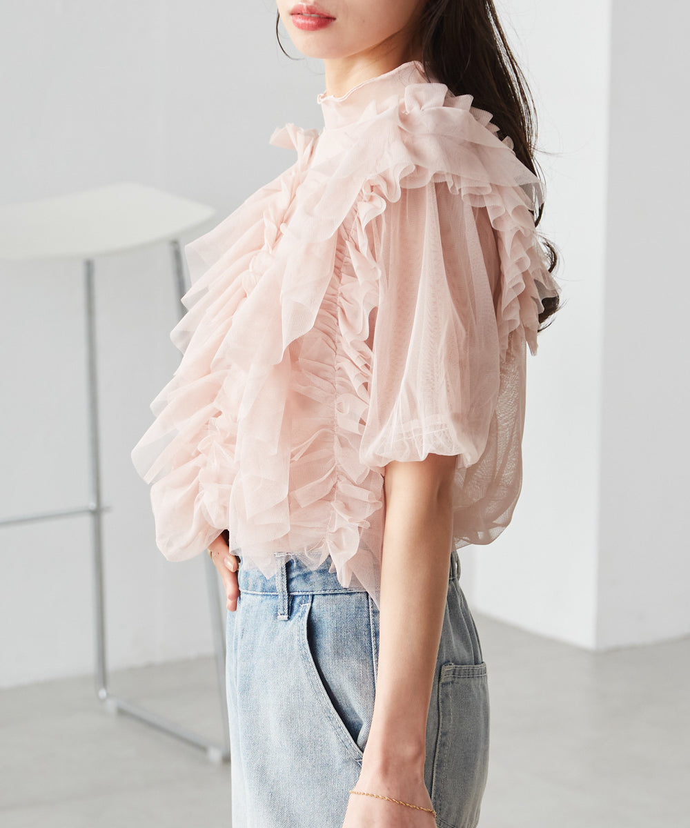 ラナン RANAN アシメフリルチュールブラウス (ピンクベージュ) ピンクベージュ
