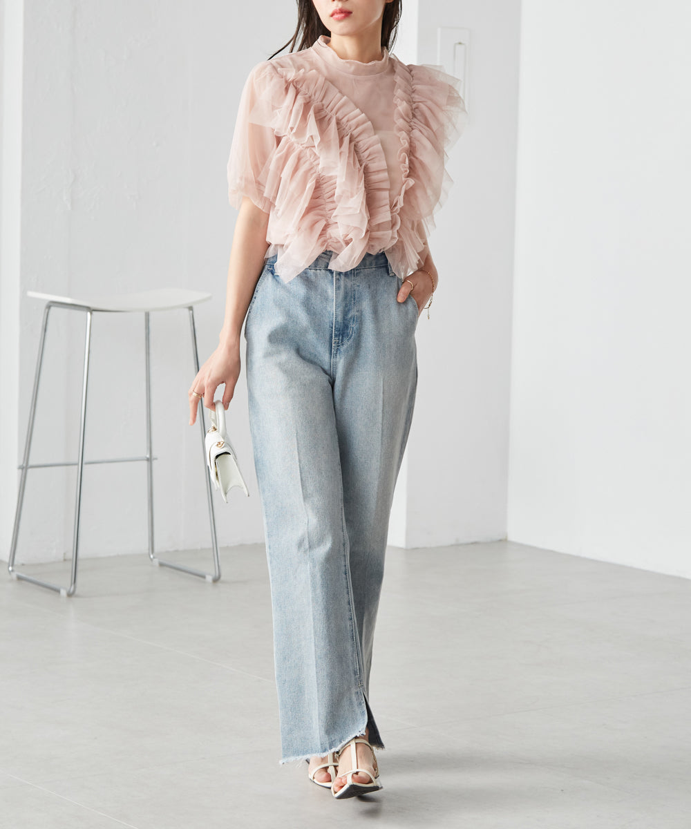 ラナン RANAN アシメフリルチュールブラウス (ピンクベージュ) ピンクベージュ