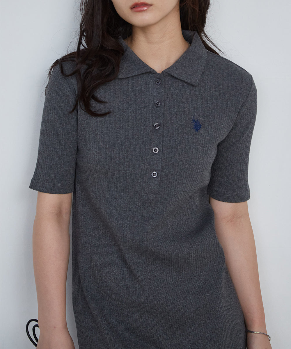 ラナン RANAN 【U.S. POLO ASSN.】ポロ衿リブワンピース (グレー) グレー