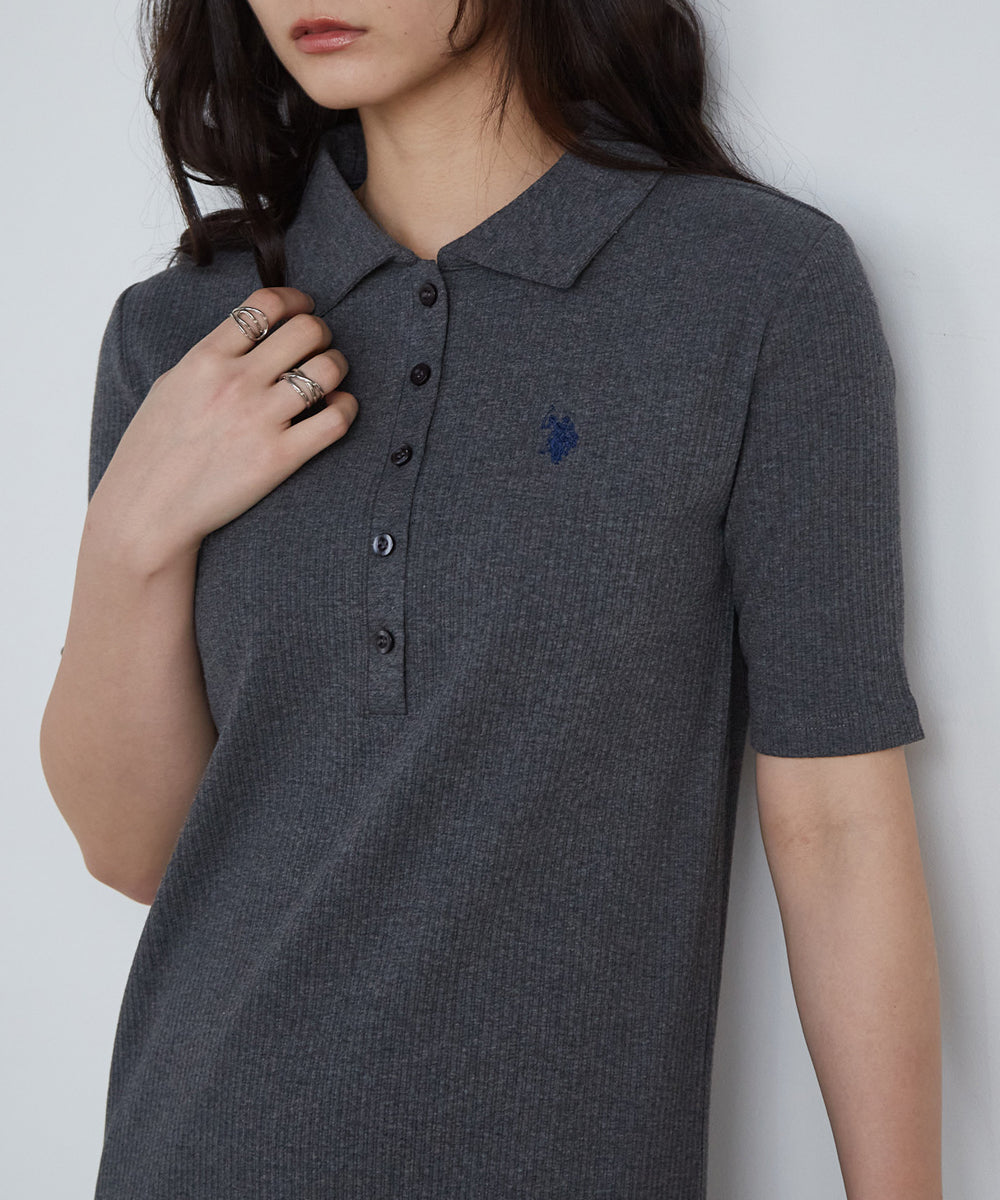 ラナン RANAN 【U.S. POLO ASSN.】ポロ衿リブワンピース (グレー) グレー