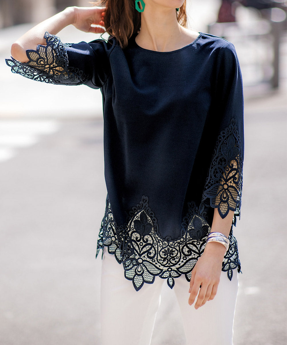 ラナン RANAN 裾レース使いチュニック (ネイビー) ネイビー