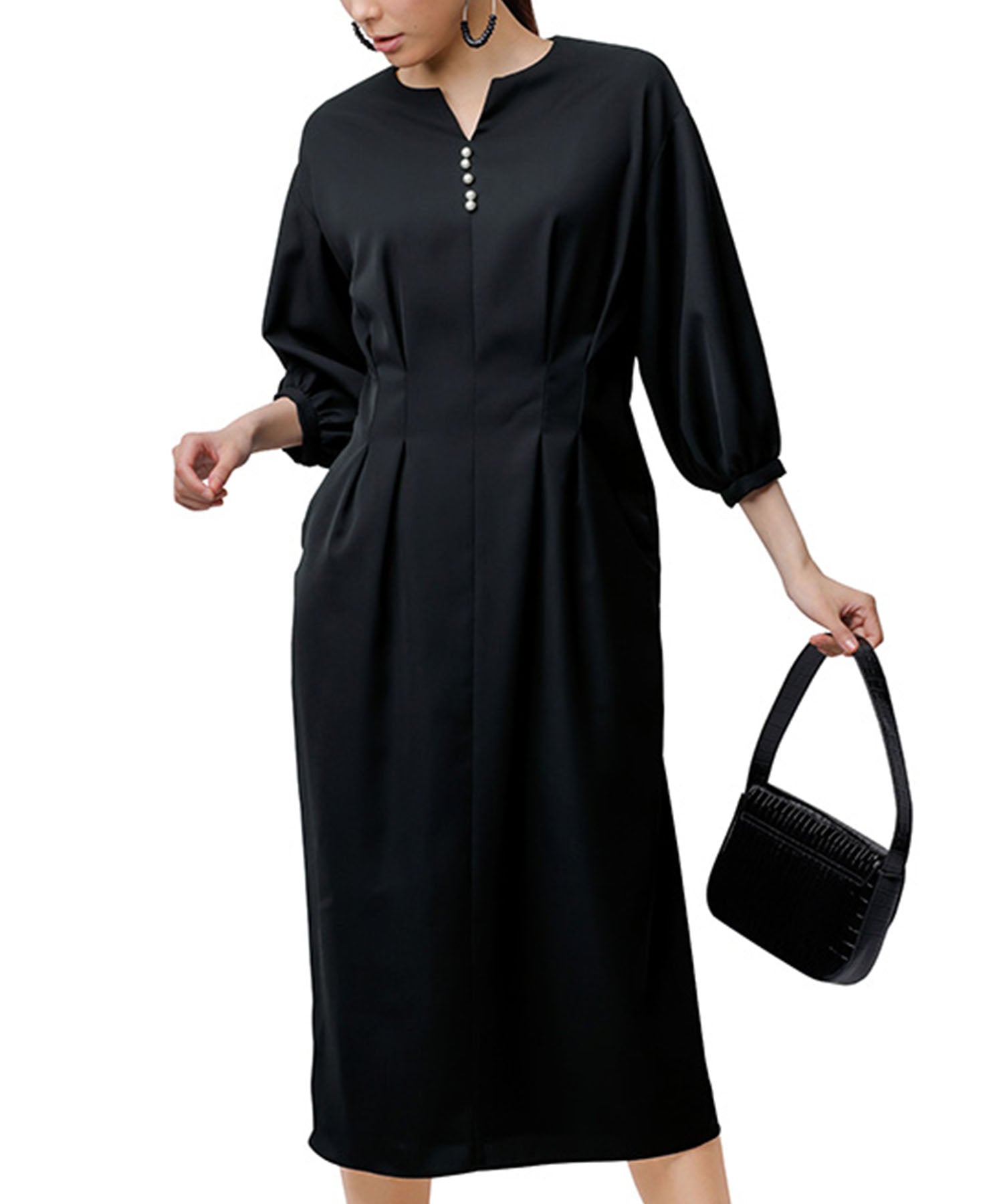 ラナン RANAN パール調タックワンピース,ブラック