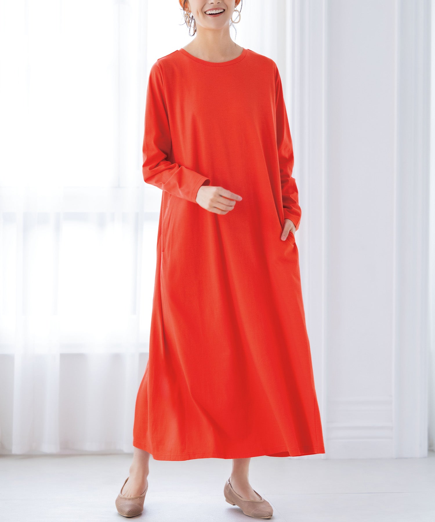 ラナン RANAN <BC>ポケット付マキシワンピースロング (オレンジレッド) オレンジレッド