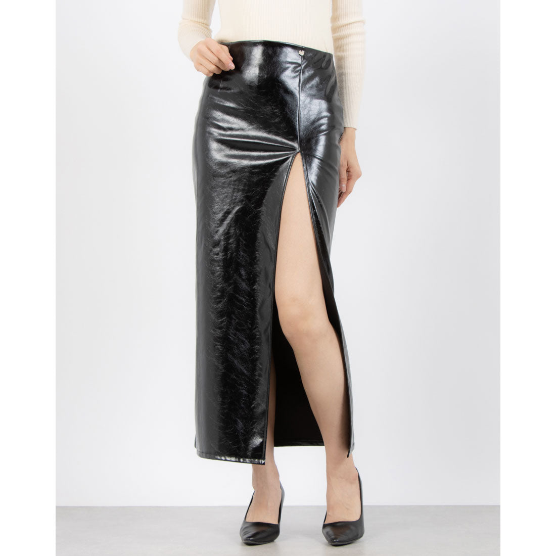 RINASCIMENTO Eco Leather Long Green Slit Skirt