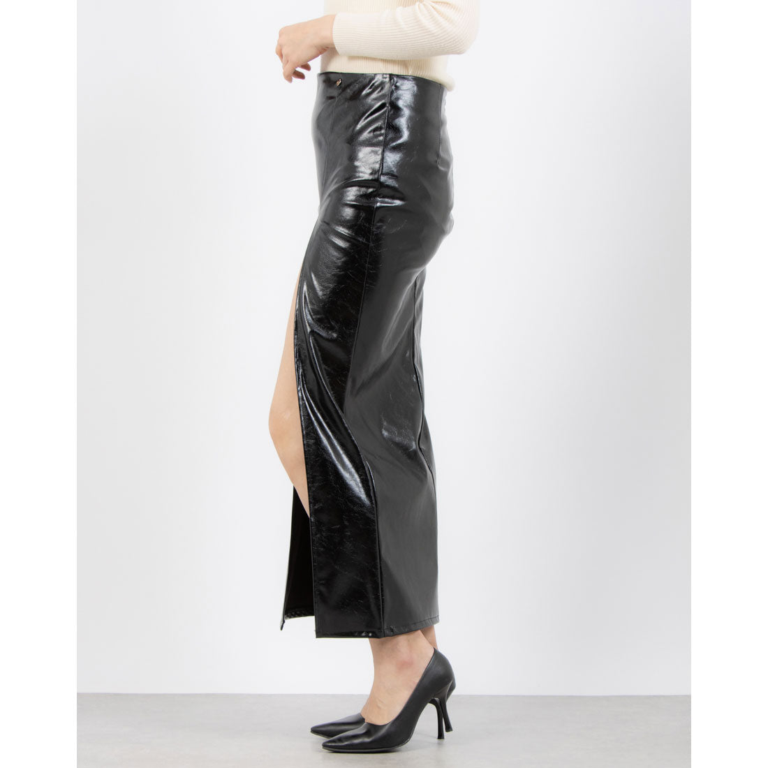 RINASCIMENTO Eco Leather Long Green Slit Skirt