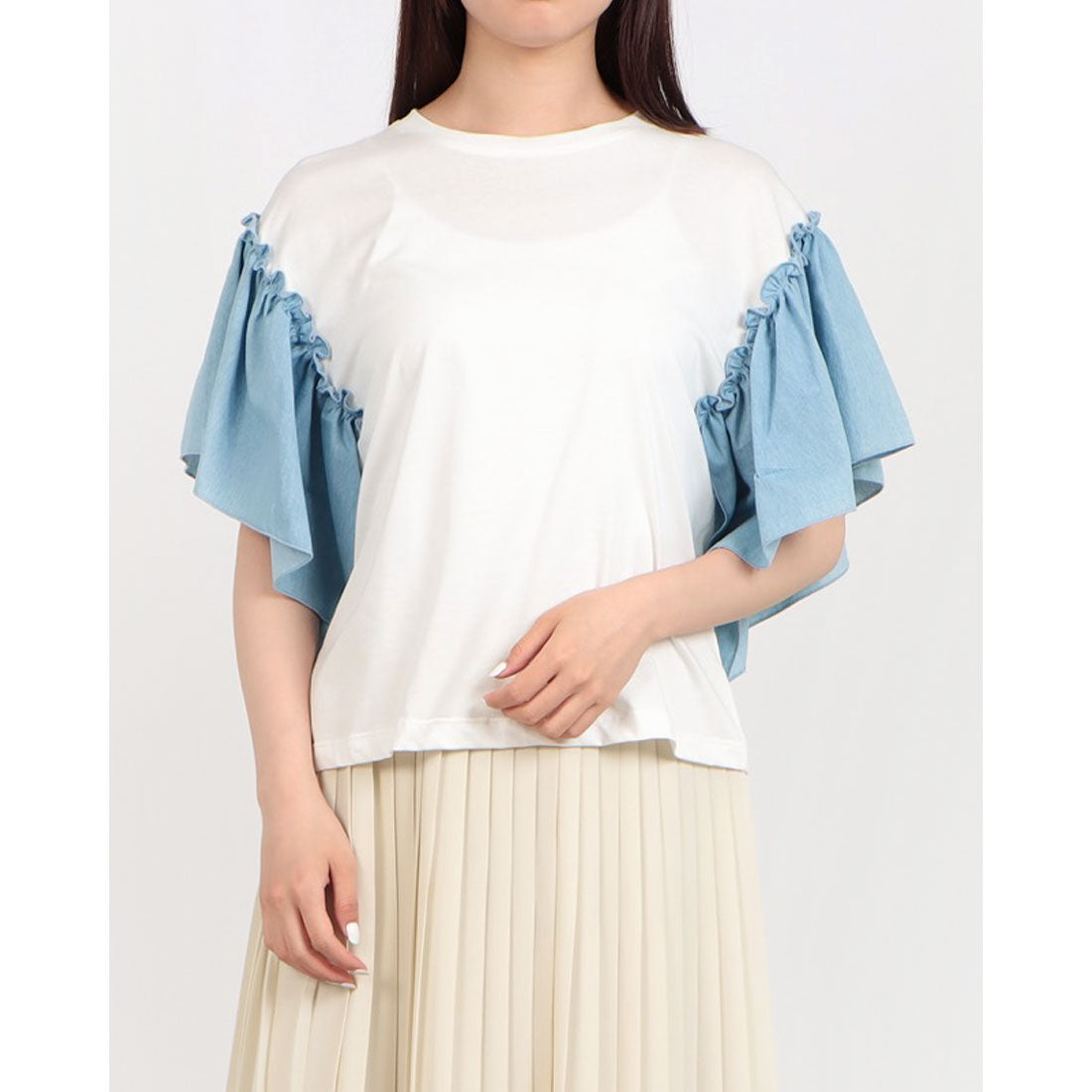 リナシメント RINASCIMENTO ダンガリー切替フレアスリーブTOPS (Panna Bianco) Panna Bianco