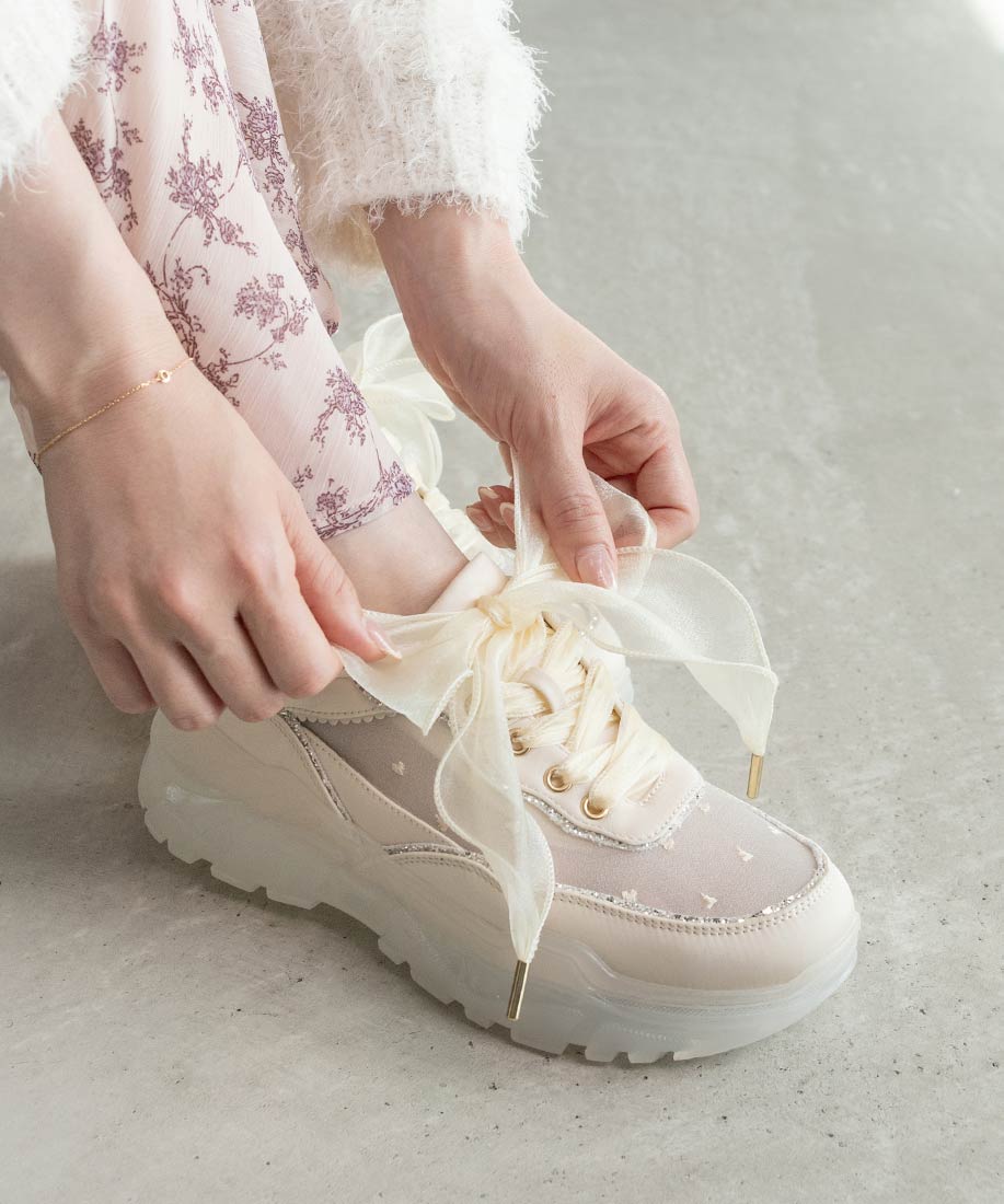 ランダ RANDA 【HEART COLLECTION】シフォンリボンハート刺繍スニーカー (IVORY) IVORY