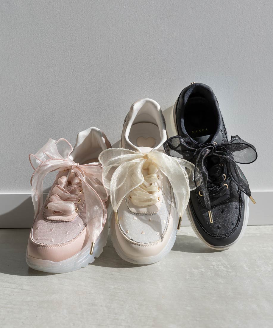 ランダ RANDA 【HEART COLLECTION】シフォンリボンハート刺繍スニーカー (IVORY) IVORY