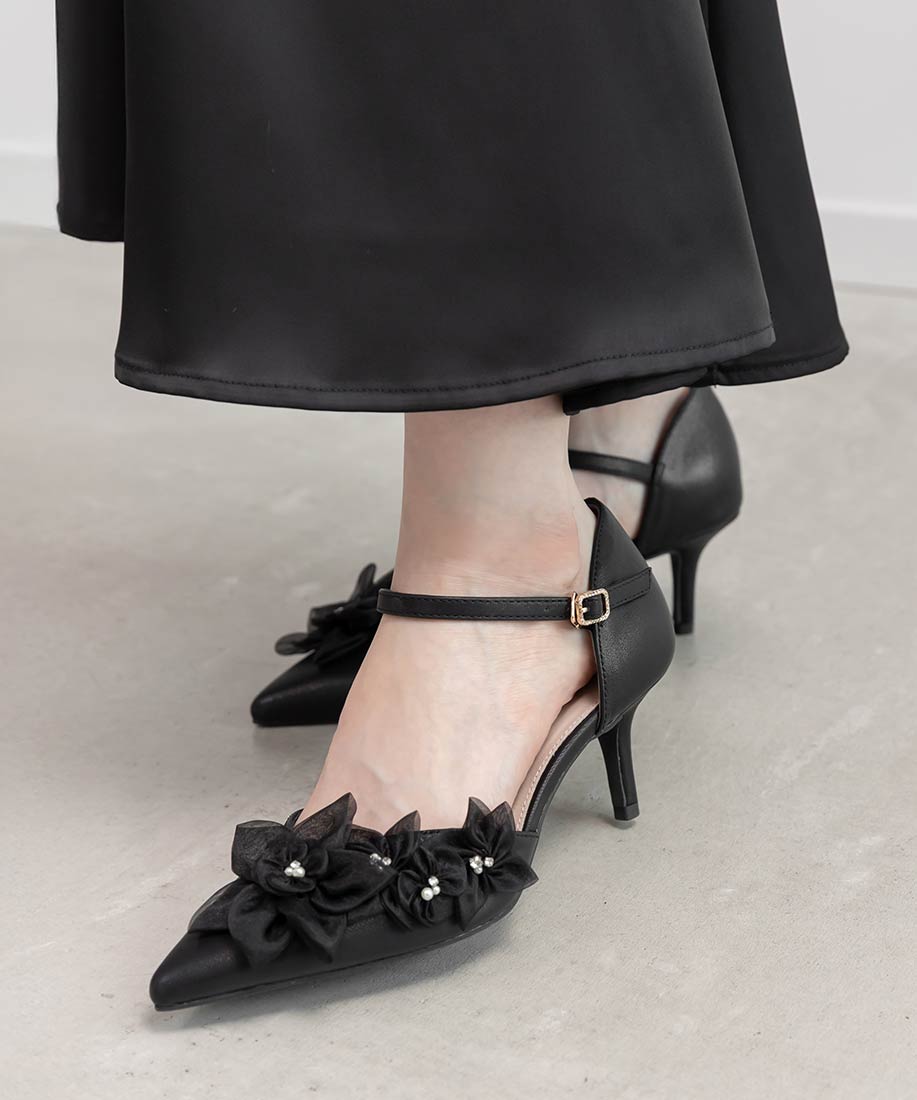 ランダ RANDAシアーフラワーセパレートパンプス (BLACK) BLACK