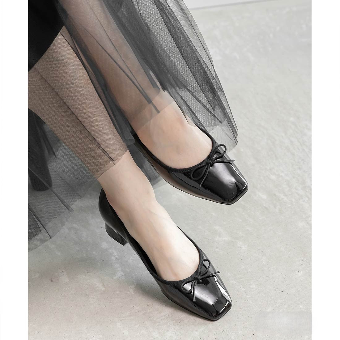 ランダ RANDAスクエアトゥヒールアップバレエシューズ (BLACK) BLACK