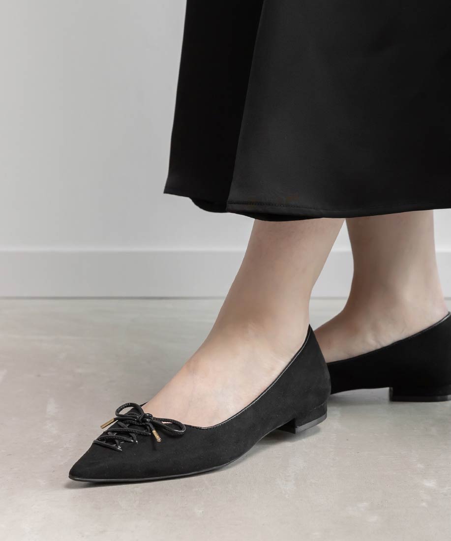 ランダ RANDA ★ レースアップデザインフラットパンプス (BLACK) BLACK