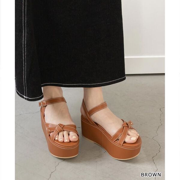 ランダ RANDA ステッチリボン厚底サンダル,BROWN