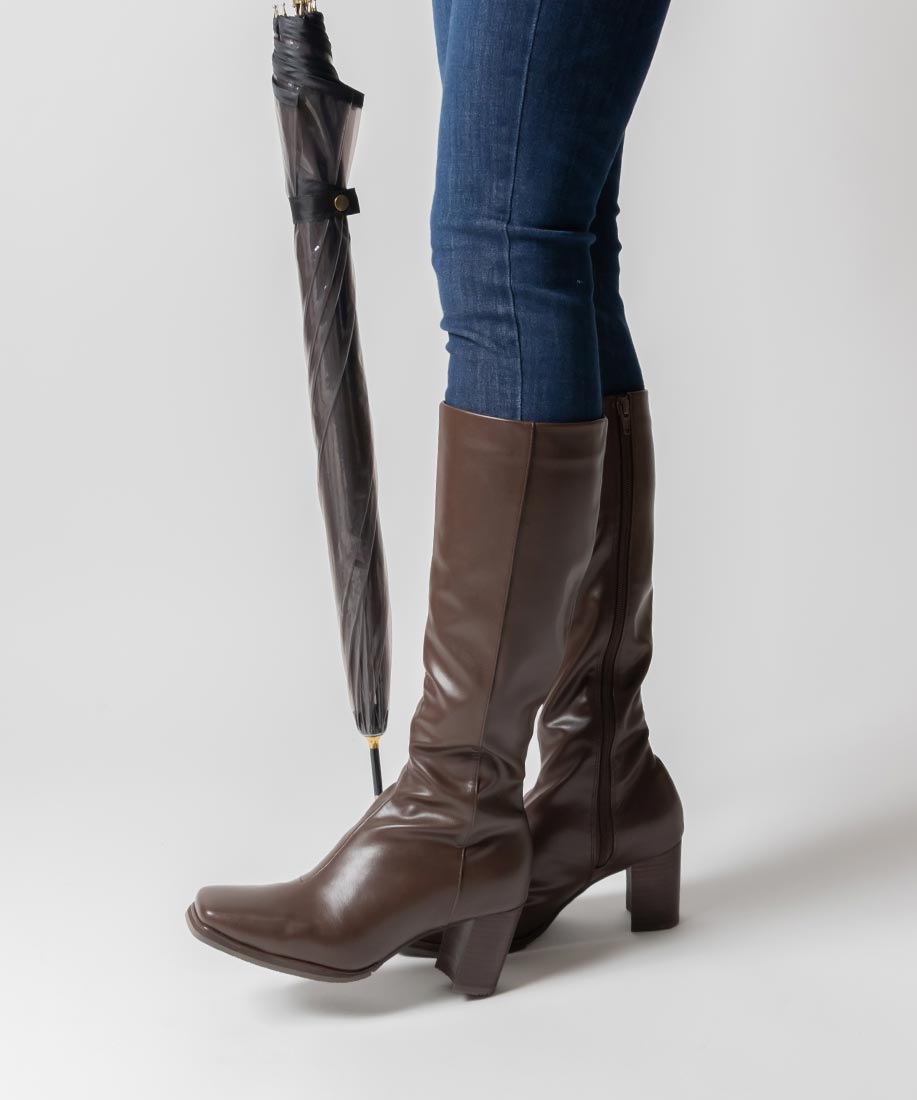 ランダ RANDA 晴雨兼用 ストレッチ スクエアトゥロングブーツ (D.BROWN) D.BROWN