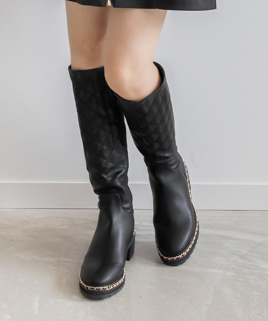 ランダ RANDA 晴雨兼用 キルティング×チェーンロングブーツ (BLACK) BLACK