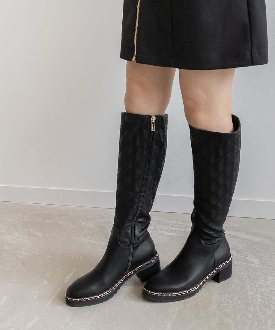 ランダ RANDA 晴雨兼用 キルティング×チェーンロングブーツ (BLACK) BLACK