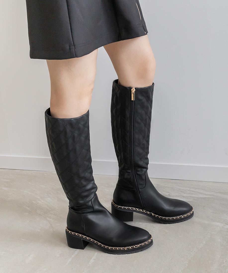 ランダ RANDA 晴雨兼用 キルティング×チェーンロングブーツ (BLACK) BLACK