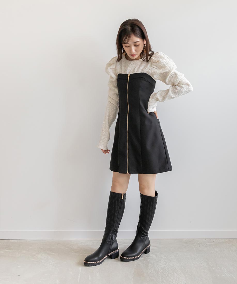 ランダ RANDA 晴雨兼用 キルティング×チェーンロングブーツ (BLACK) BLACK